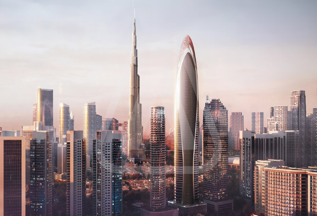 Exterior view of Mercedes-Benz Places | Binghatti luxury residences in Downtown Dubai with a backdrop of the iconic Burj Khalifa.